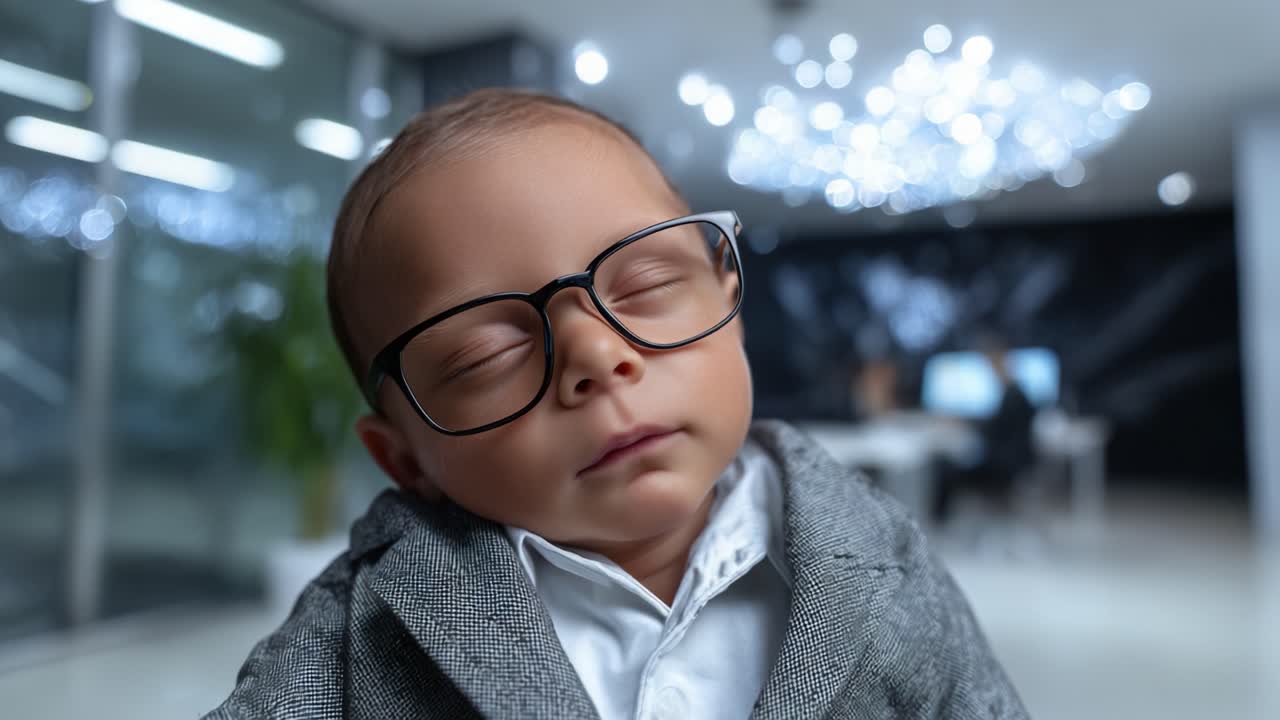 Bebè professionista con gli occhiali: L'adorabile dirigente in miniatura che fa un pisolino in un moderno ambiente d'ufficio sotto luci scintillanti