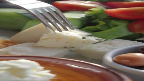 close-up shot of a plate with feta cheese, tomatoes, olives, cucumbers, and green salad