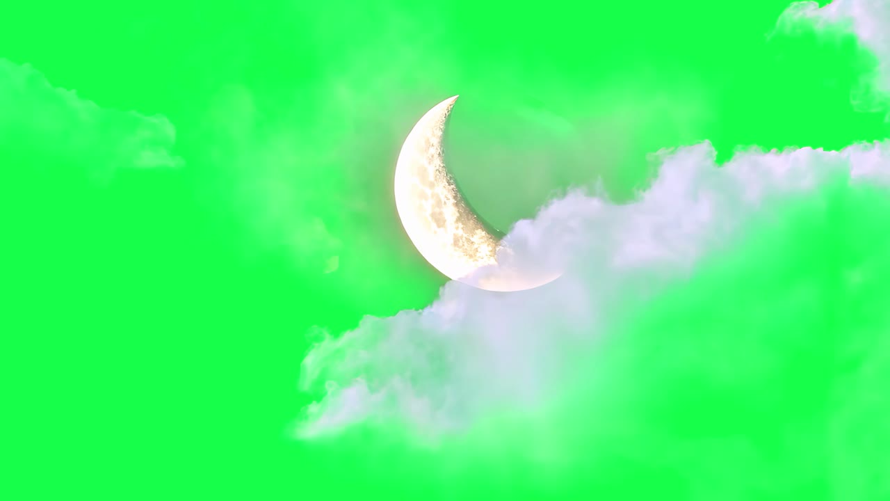Crescent moon amidst vibrant clouds animation, transparent 4K video, green screen