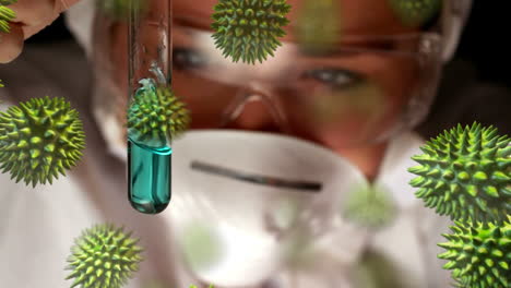 animación del virus de la corona con un científico en el fondo