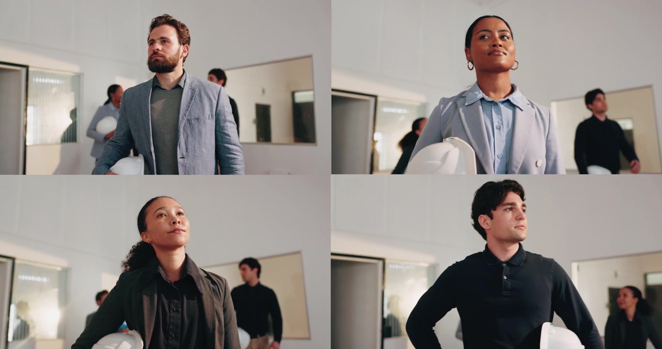 Diverse Group of Professionals Holding Hard Hats in Modern Office