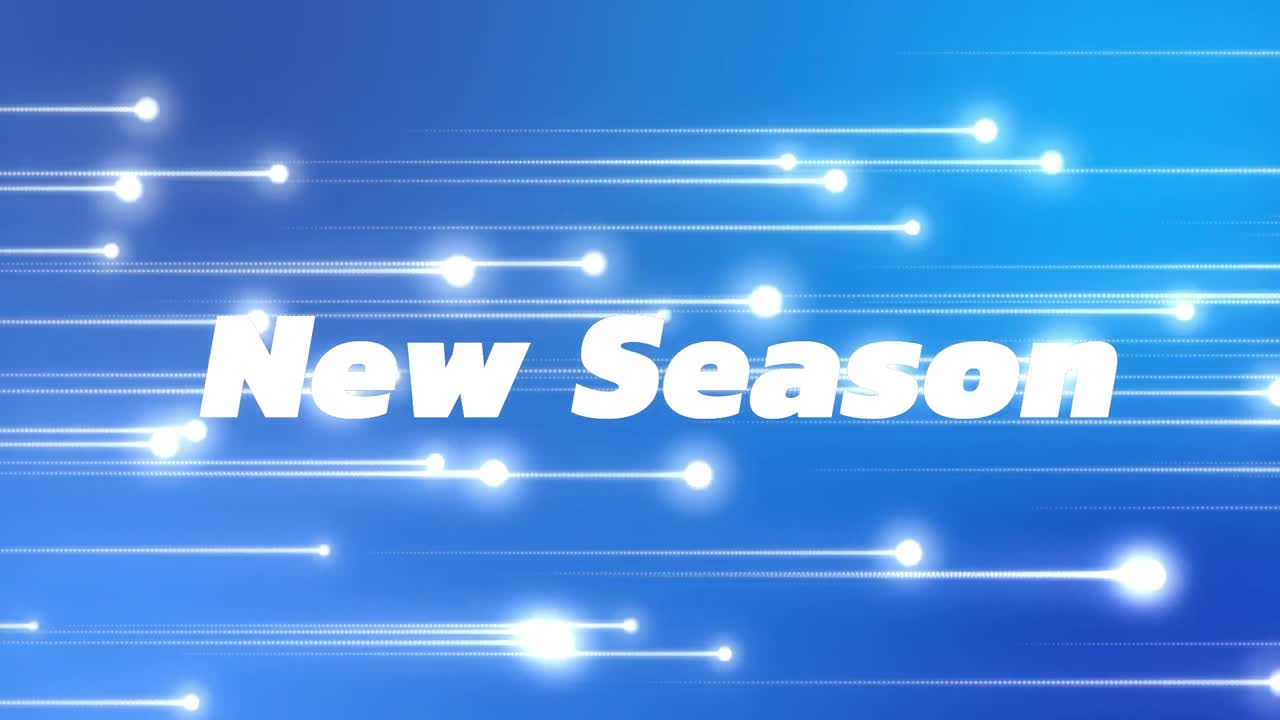 파란색에 반이는 색 혜성 위에 다채로운 왜곡으로 색 텍스트로 새로운 시즌의 애니메이션