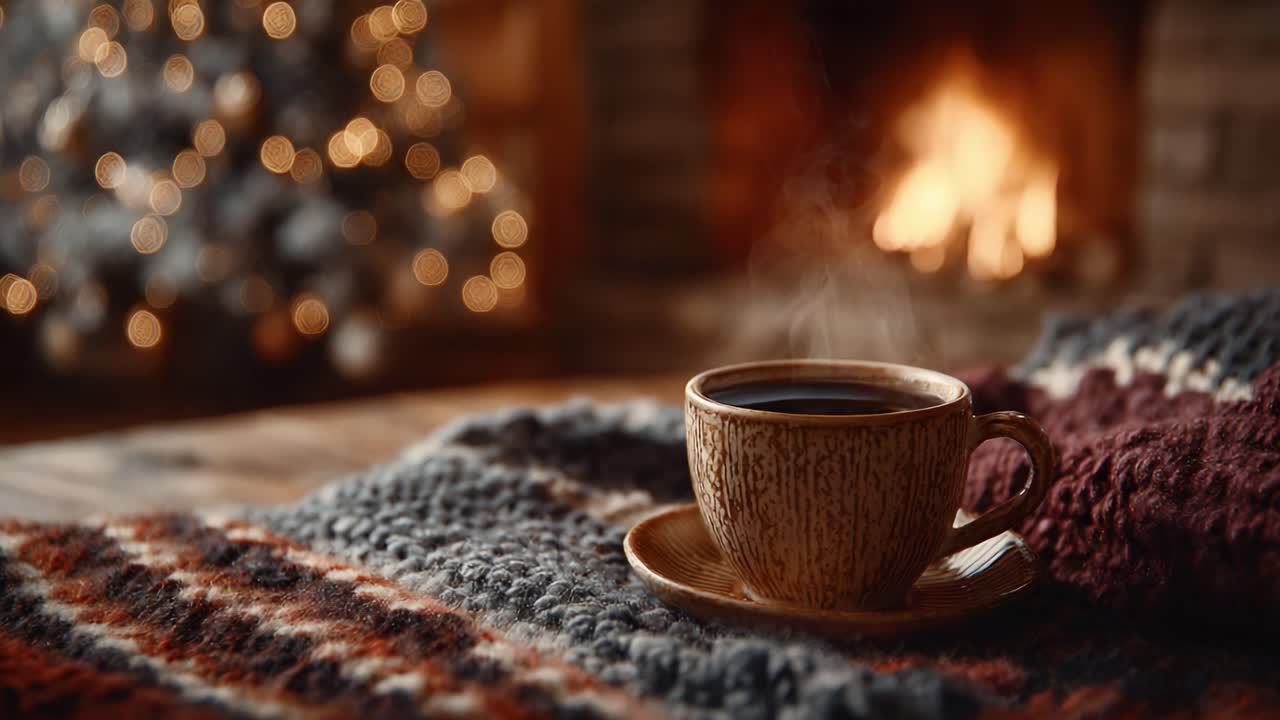 Warm and Cozy Coffee by the Fireplace: A Serene Moment Captured in a Winter Retreat with a Soft Throw and Twinkling Holiday Lights in the Background