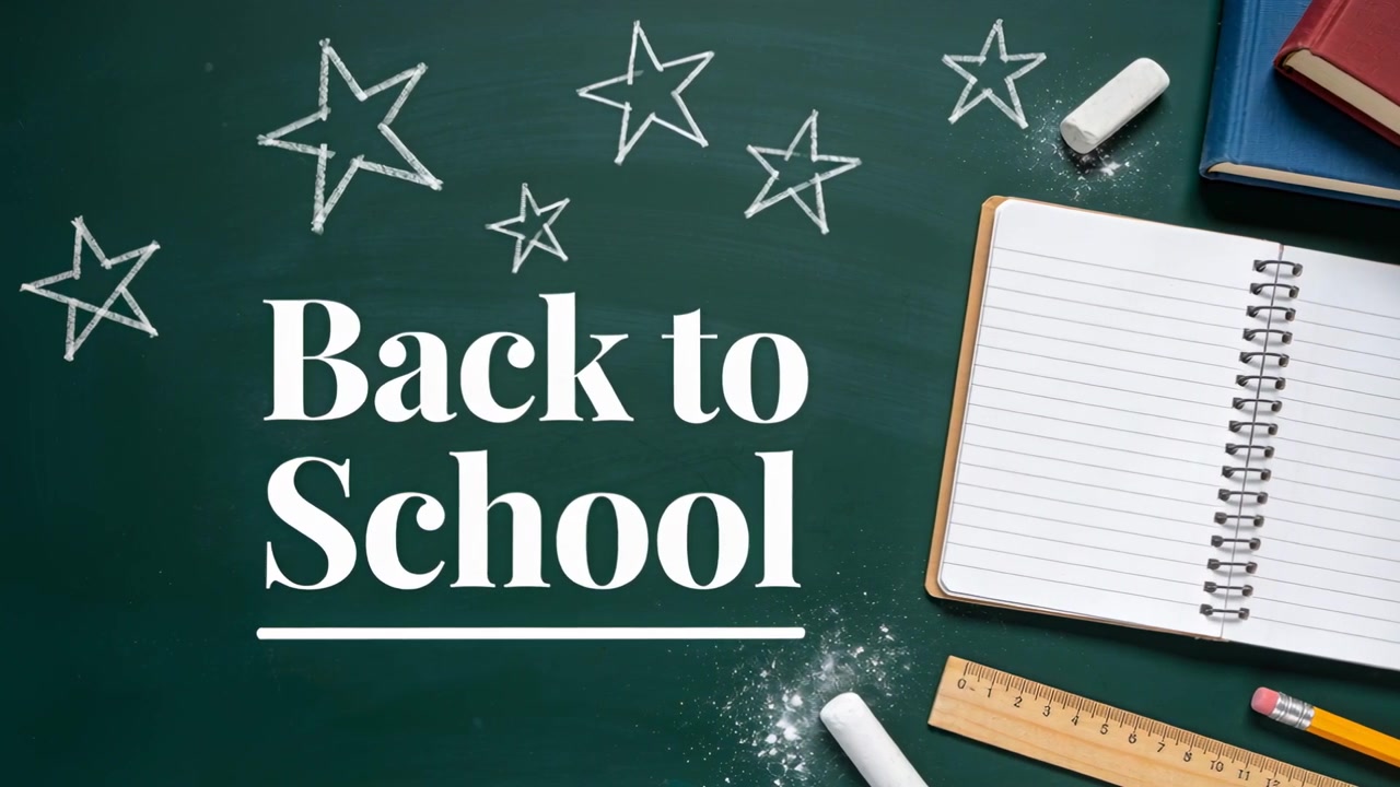 Cornici del titolo ripetute che mostrano il testo in grassetto "Back to School" su una lavagna con quaderno, libri e gesso.