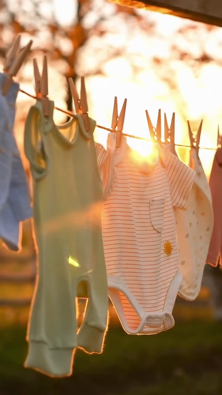 Warm sunset video captures baby clothes on a line, shot from a low angle, creating a cozy vibe