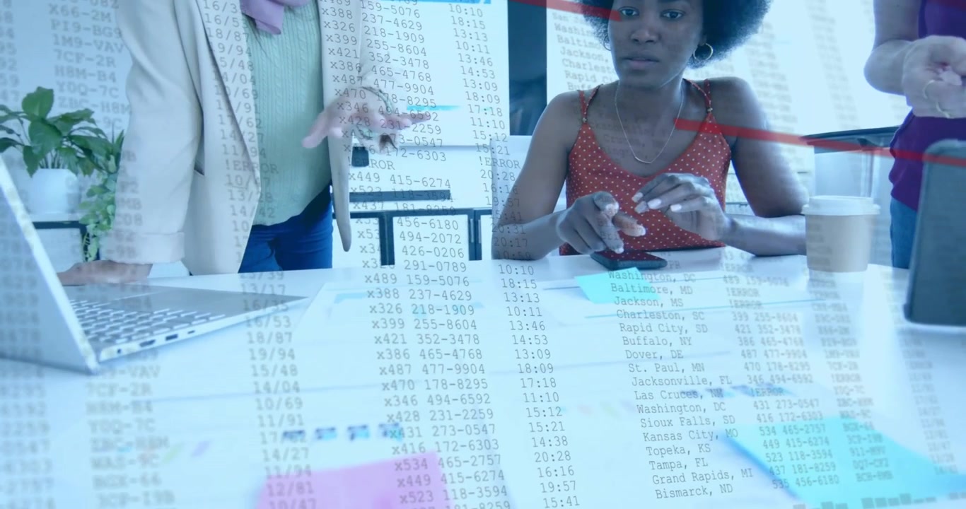 Animation of financial data processing over diverse business people in office