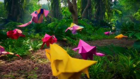 colorful origami animals in a lush jungle