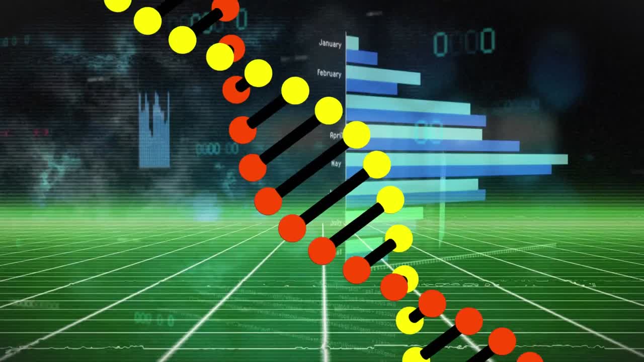 회전하는 dna 구조의 애니메이션과 녹색 그리드 네트워크를 통해 통계적 데이터 처리가 가능합니다.
