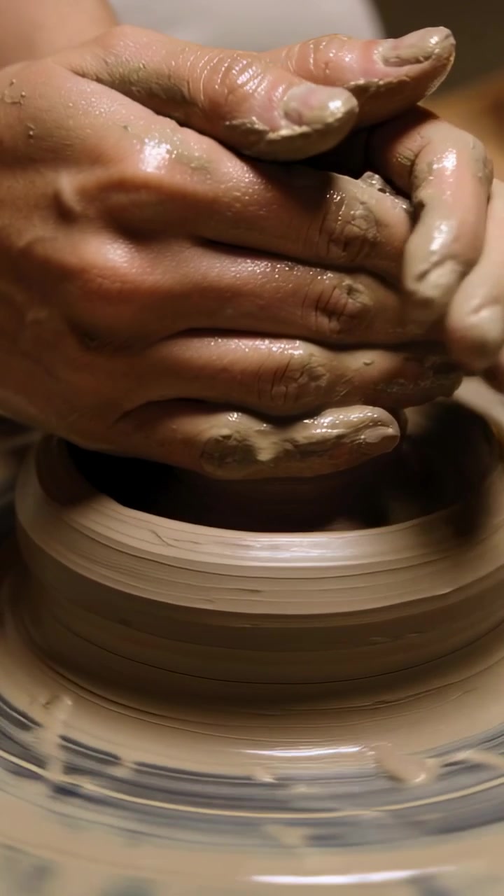 Video verticale: Le mani del vasaio che centrano e premono l'argilla sul tornio, formando un cilindro, indossando un grembiule.