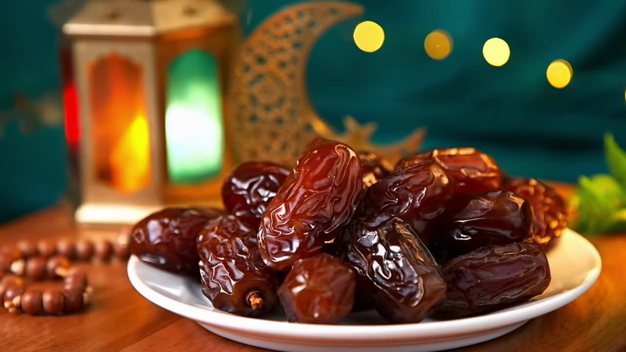 Close-up video of dates on a plate, with a warm, festive ambiance and soft lighting