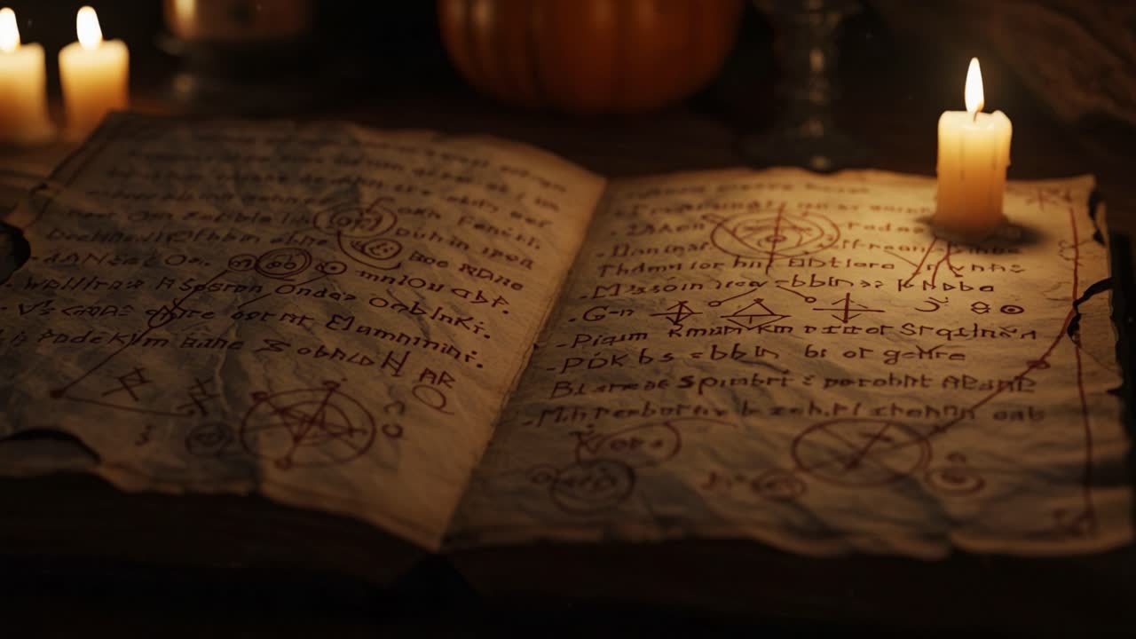 Ancient Magical Manuscript Illuminated by Candlelight, Featuring Mysterious Symbols and Notes, Surrounded by Warm Autumn Decor and Flickering Lights
