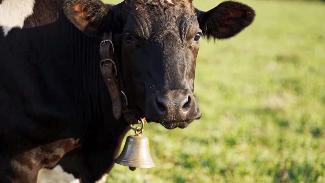 A Close-Up View of a Black and White Cow with a Bell: Capturing the Daily Life of Farm Animals in Their Natural Pasture Environment