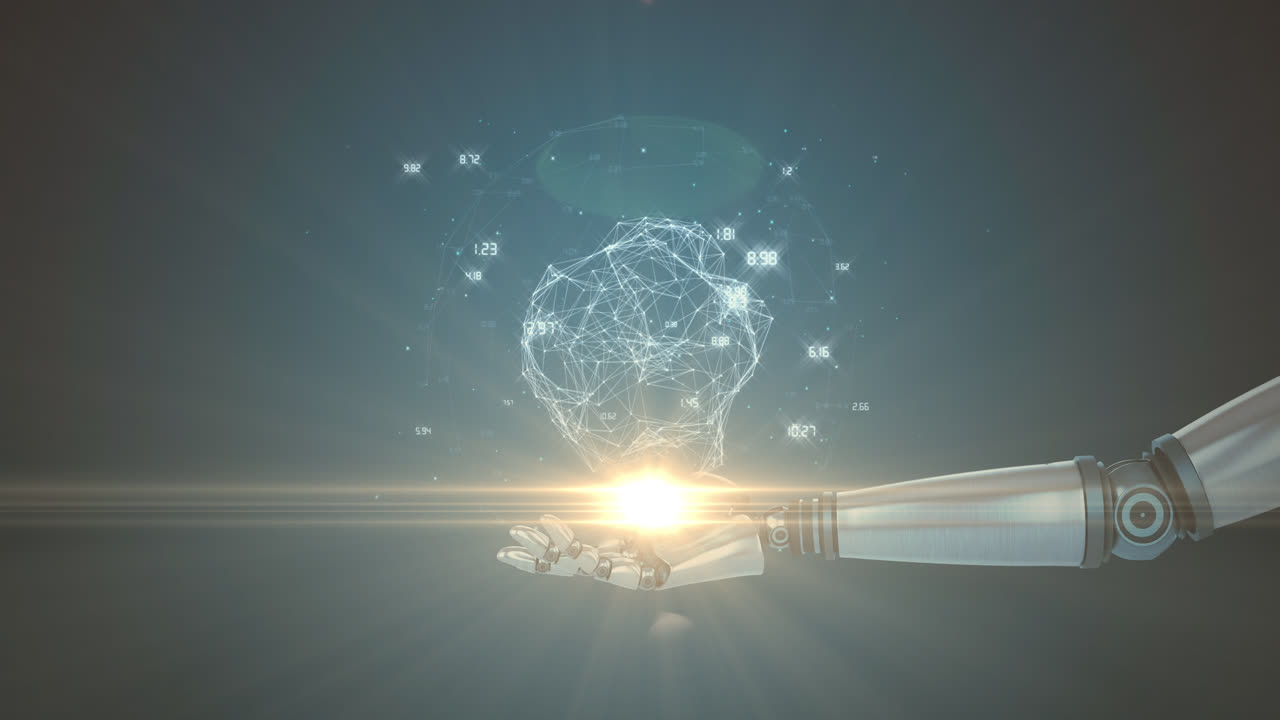 red de conexiones sobre la mano robótica contra el punto de luz y el espacio de copia en fondo azul