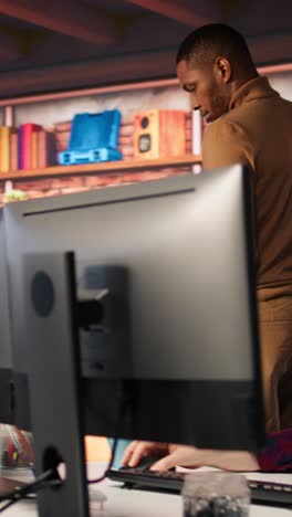 Vertical video AI startup IT expert arriving in office with laptop