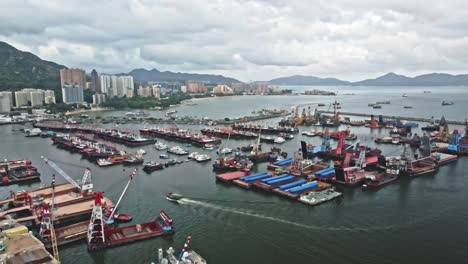 Vessels-anchored-safely-in-typhoon-shelter,-Tuen-Mun,-Hong-Kong