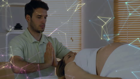 animation of constellations moving over caucasian man healing woman