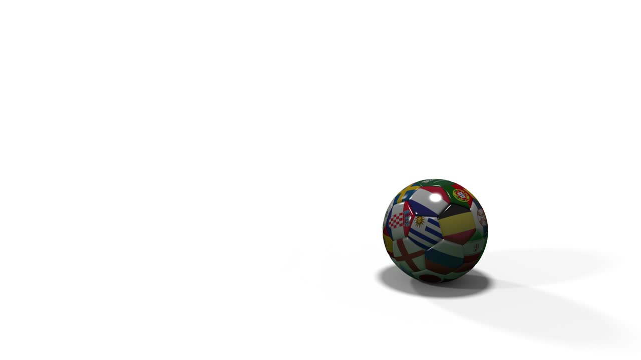 pelota de fútbol con banderas de los países que participan en la copa del mundo y su sombra saltando contra un fondo blanco, renderización 3d, imágenes de 4k prores.