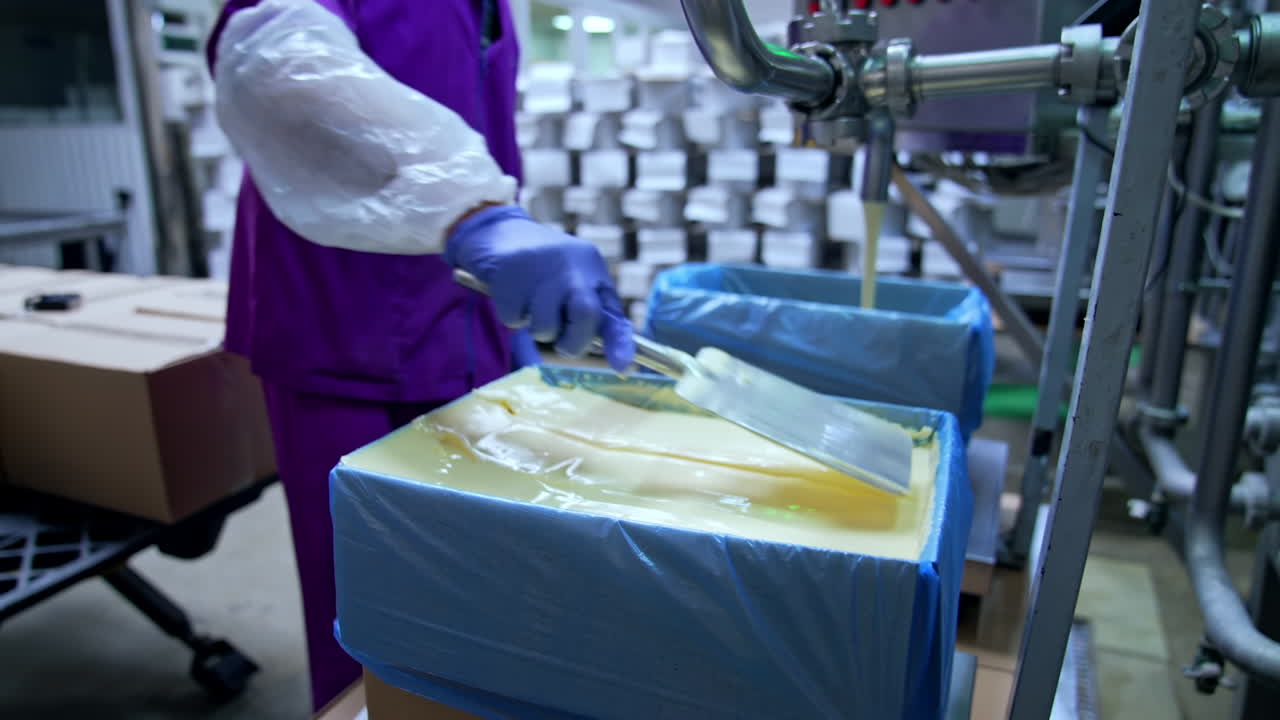 Milk factory worker in uniform spreading butter in the box. Big faucet with pouring butter and filling a container. Packaging the produced butter at milk factory.
