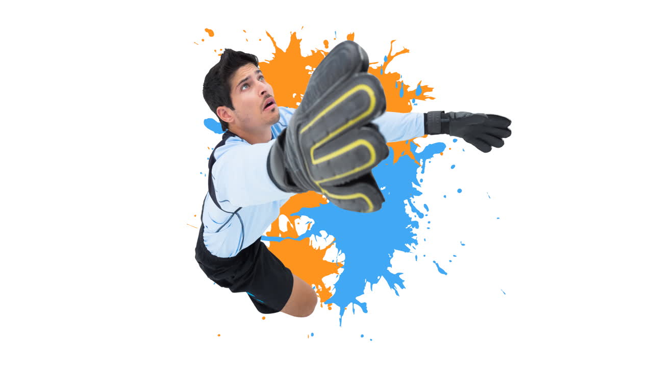 animación del portero de fútbol y salpicaduras sobre fondo blanco