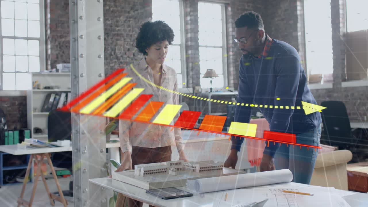 Animation of financial data processing over diverse business people in office