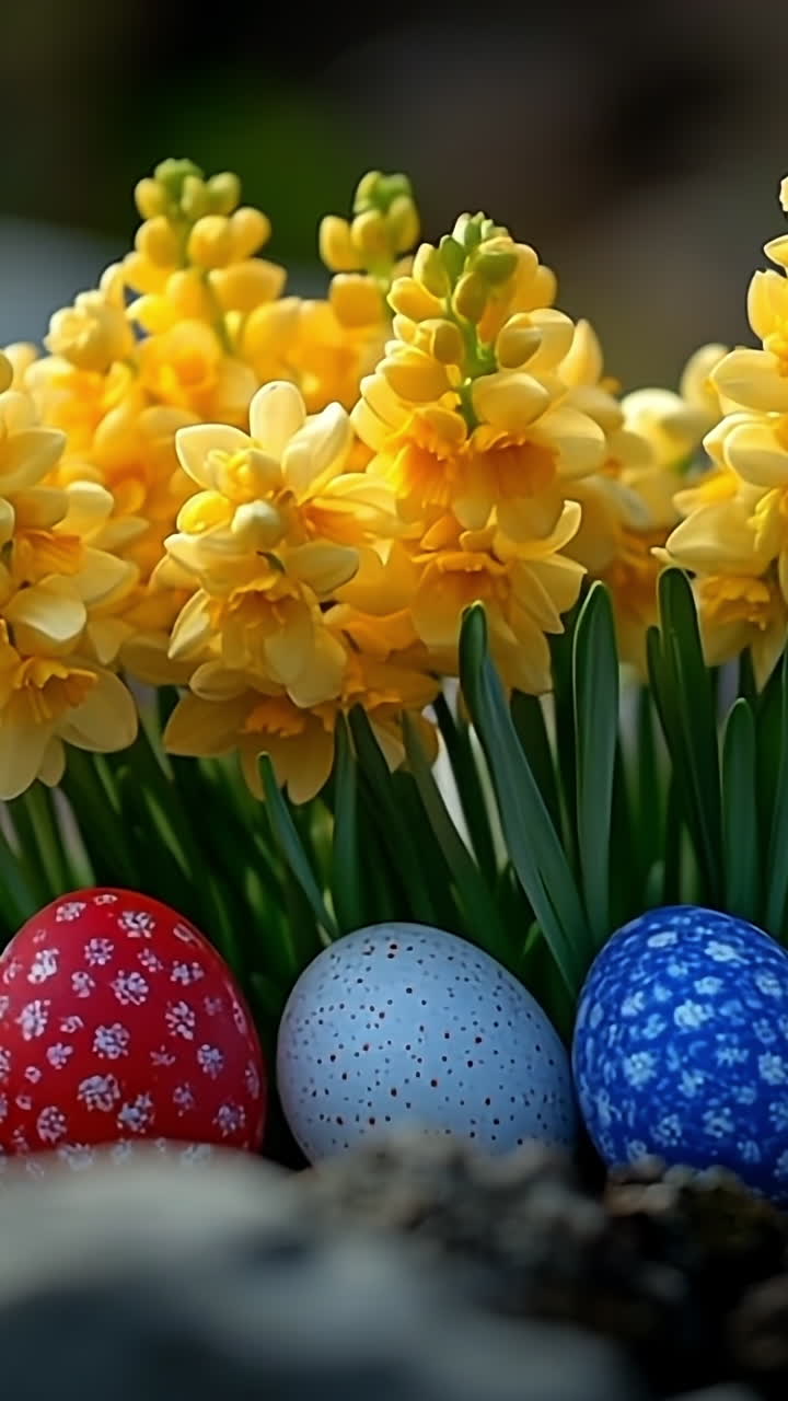 Eggs in vibrant spring blooms. Spring flowers bloom as decorative eggs rest on the ground during an outdoor Easter celebration.