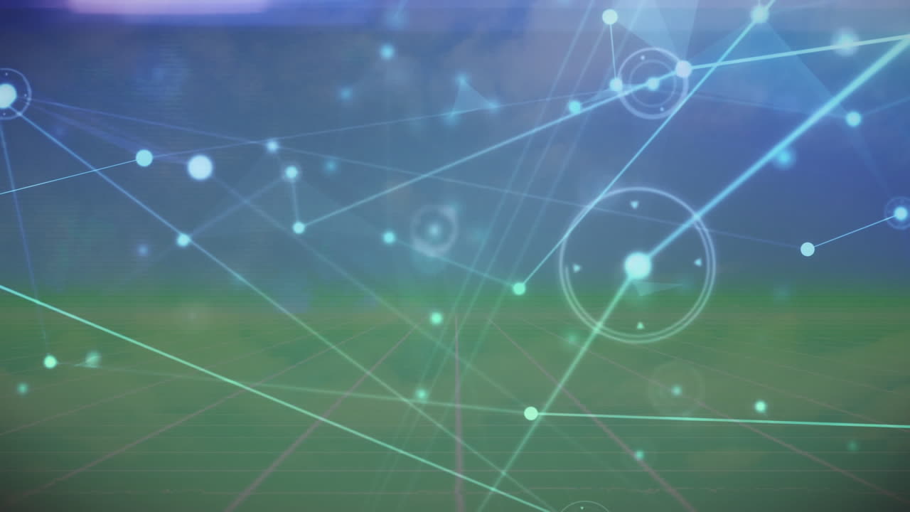 그레디언트 배경에 대한 녹색 그리드 네트워크를 통해 연결 네트워크의 애니메이션