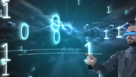 codificación binaria y procesamiento de datos sobre hombre caucásico que usa gafas vr contra nubes oscuras