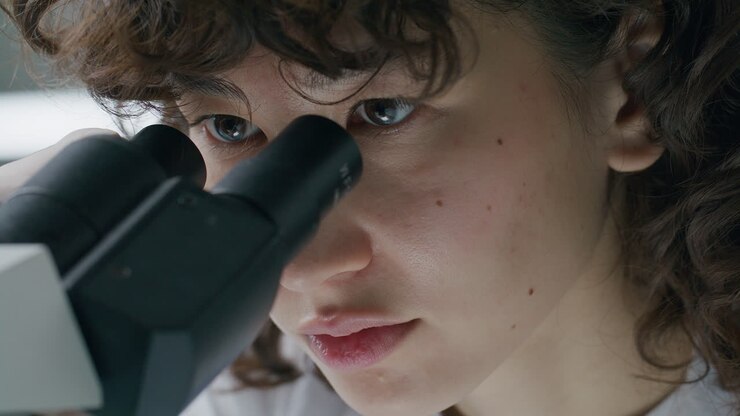 Close-Up of Concentrated Female Scientist Working with Microscope in Lab