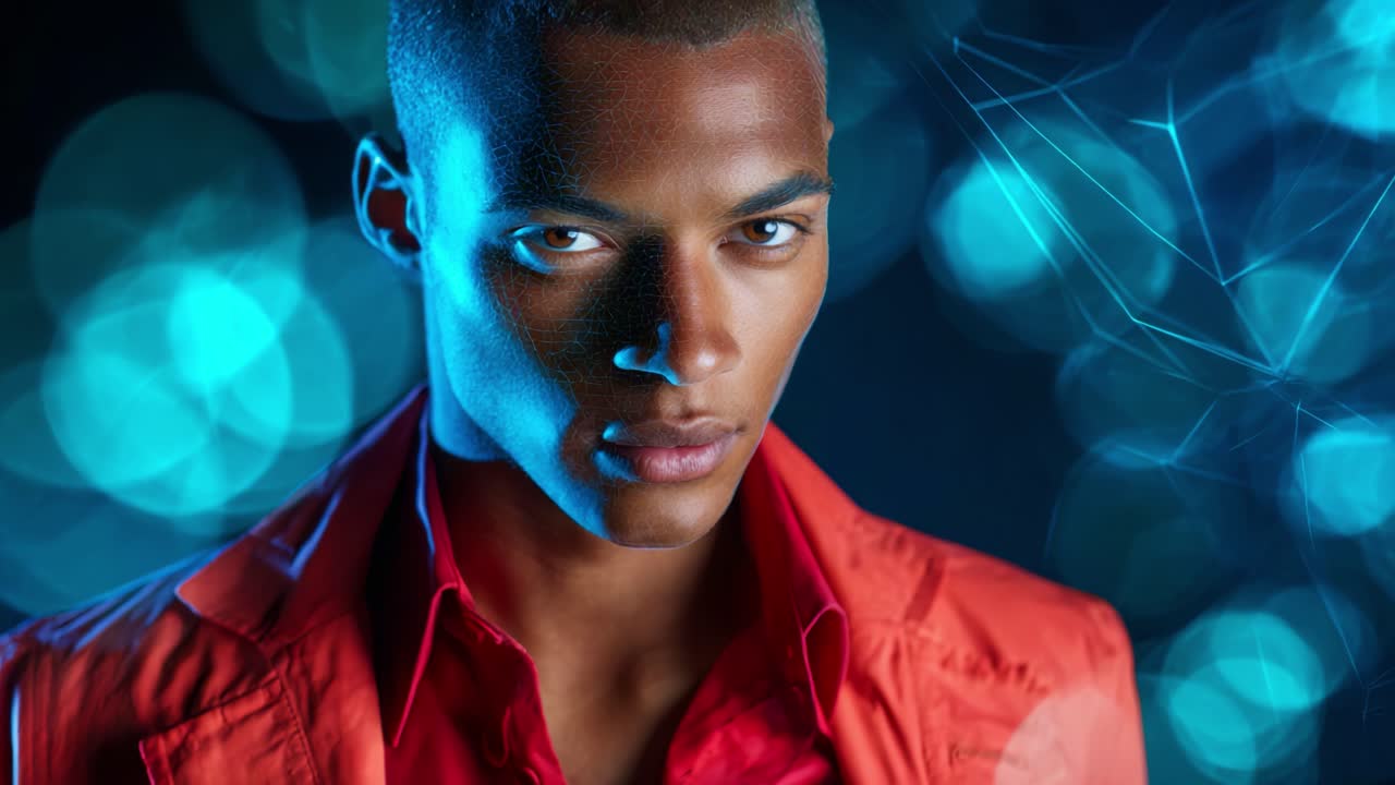 Intense Portrait of a Stylish Model with Blue Background and Abstract Lighting Effects, Exuding Confidence and Modern Aesthetic in High-Quality Image