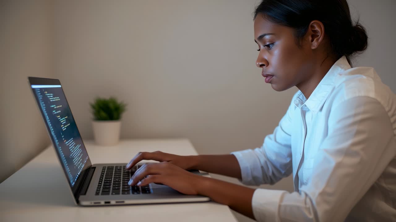 Leaning forward developer in white shirt typing and reviewing code in office, with laptop and plant