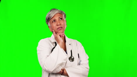 Green screen, doctor or senior woman thinking