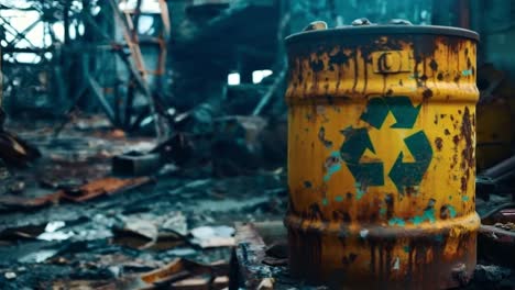 un barril amarillo con un símbolo de reciclaje en él sentado en un edificio quemado