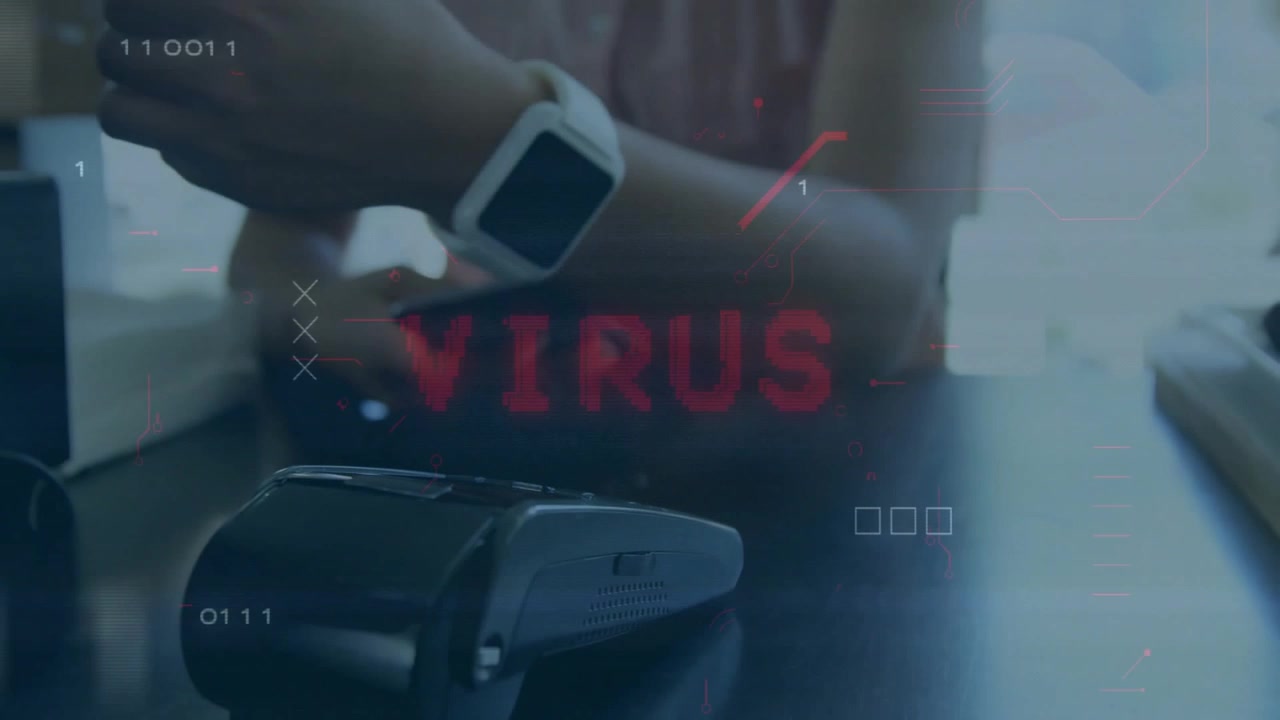 Woman tapping smartphone at terminal while pulsing virus warning overlay for finance security scan