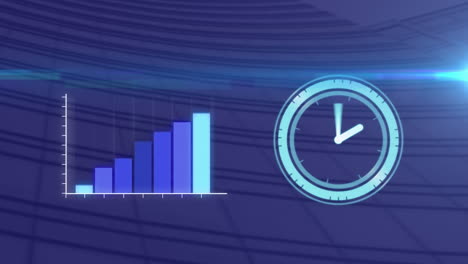 reloj digital y procesamiento de datos estadísticos contra edificios altos en el fondo