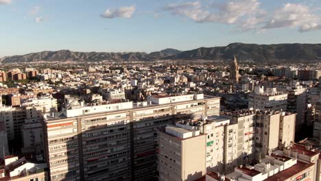 aerial view panning across murcia city with the cathedral of saint mary