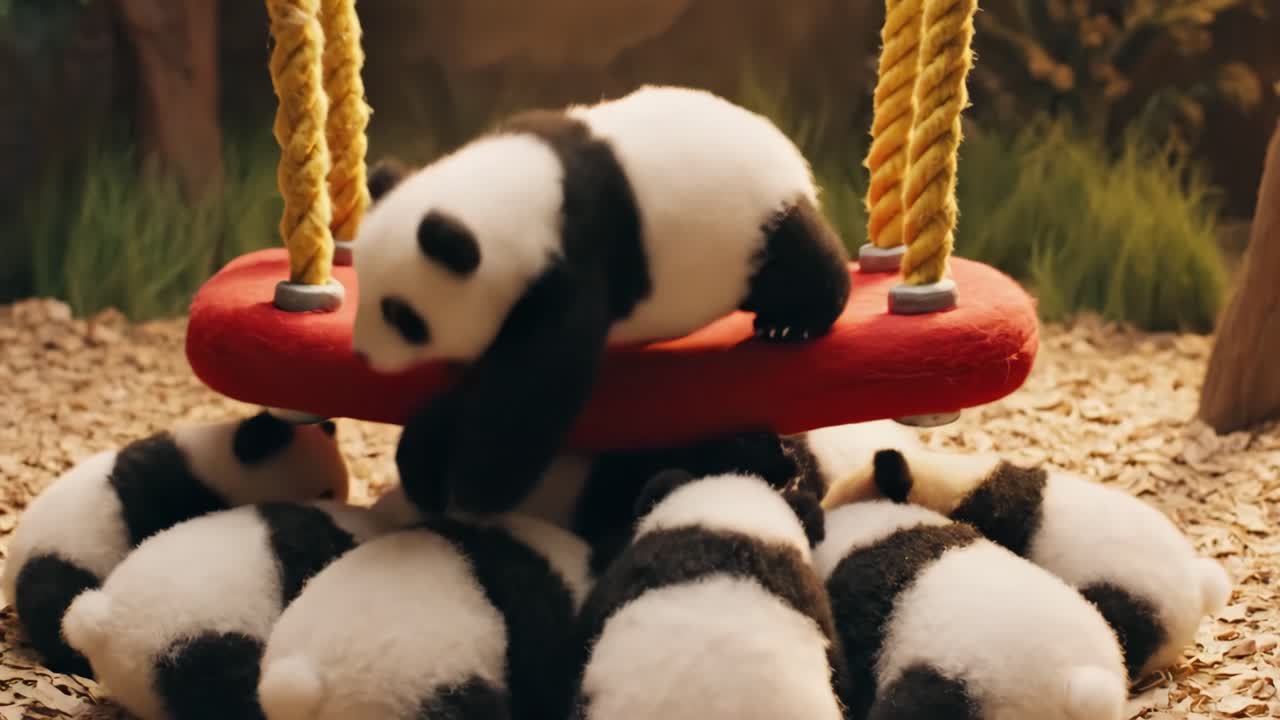 Piccoli panda giocosi con un'altalena rossa