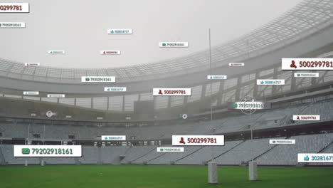 open-air stadium being animated with floating ui labels moving across goal posts and green field
