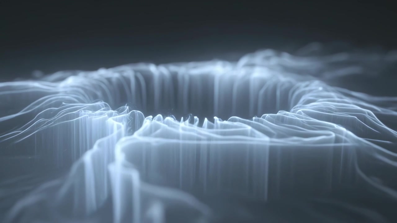 Starting scene with glowing torus oscillating in dark studio, emitting filaments and haze