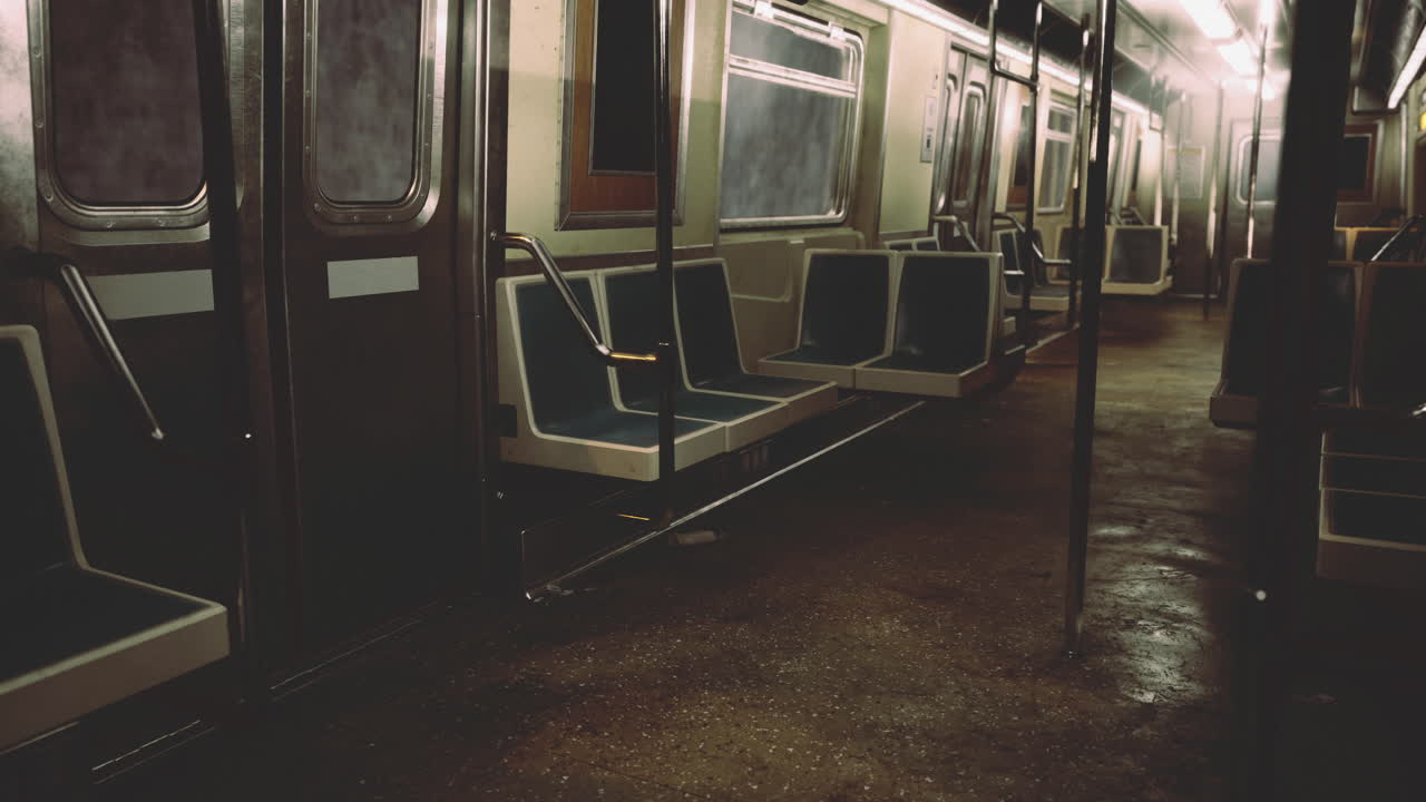 Empty subway train interior with dim lighting and wet floor