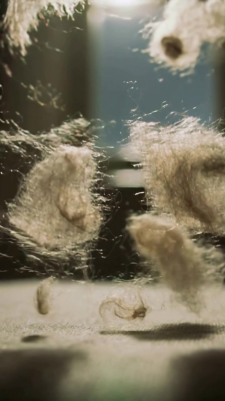 Video verticale: Grumi di fibre pallide fluttuanti che si muovono e ruotano sopra il tessuto, con retroilluminazione dalla finestra