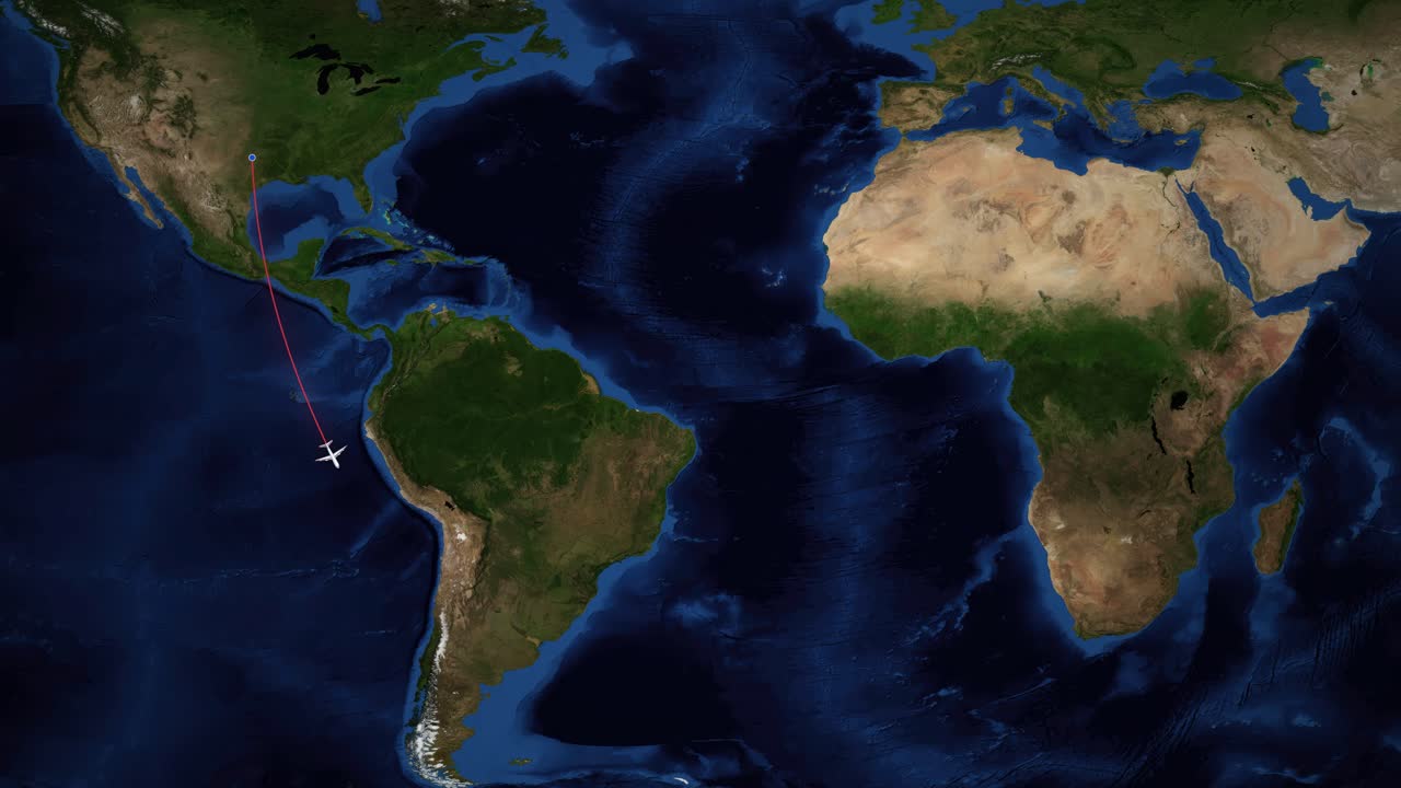 Una linea rossa traccia la rotta di volo di un aereo da Dallas a Santiago su una dettagliata mappa satellitare del mondo.