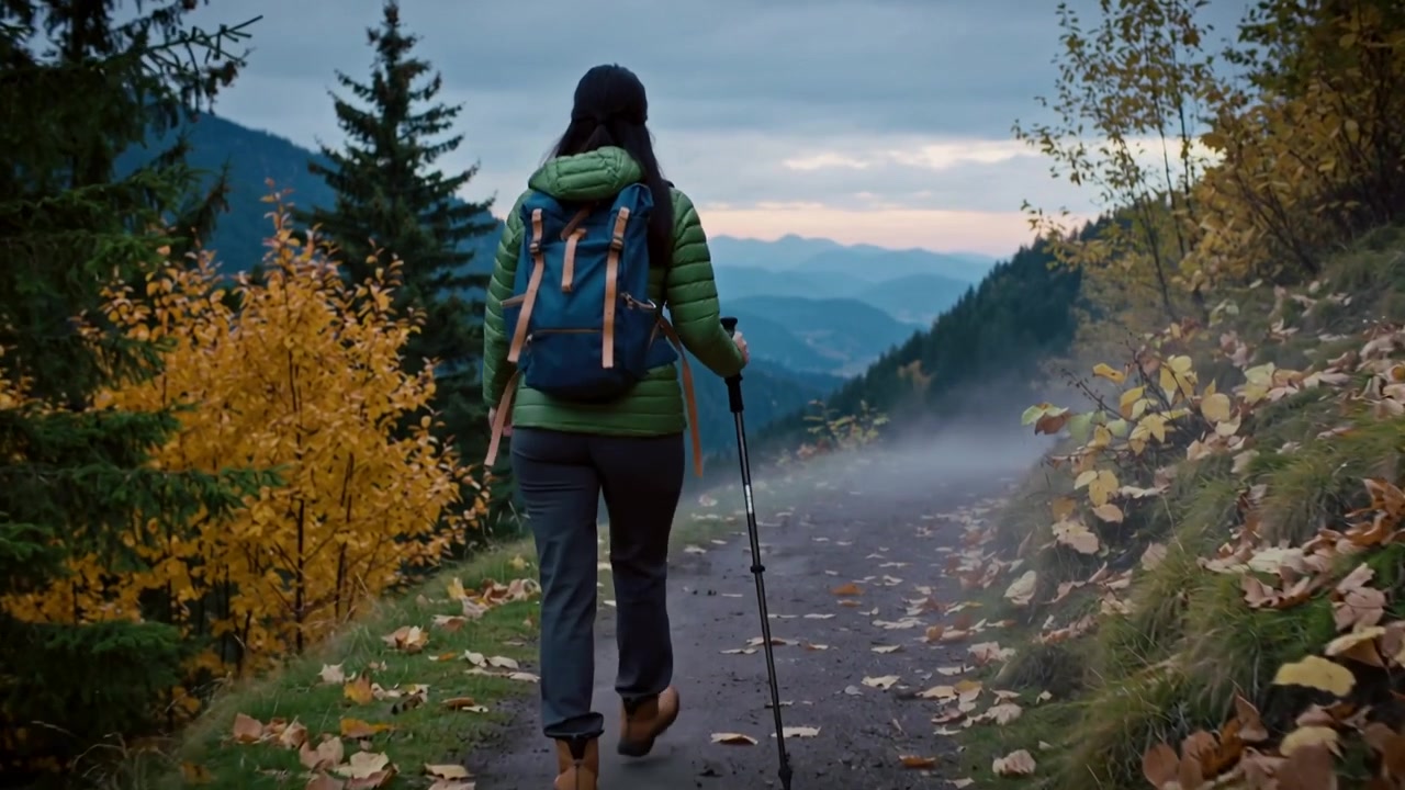 Donna che cammina, indossa un cappotto verde con uno zaino blu, usa un bastone su un sentiero di montagna verso la cresta.