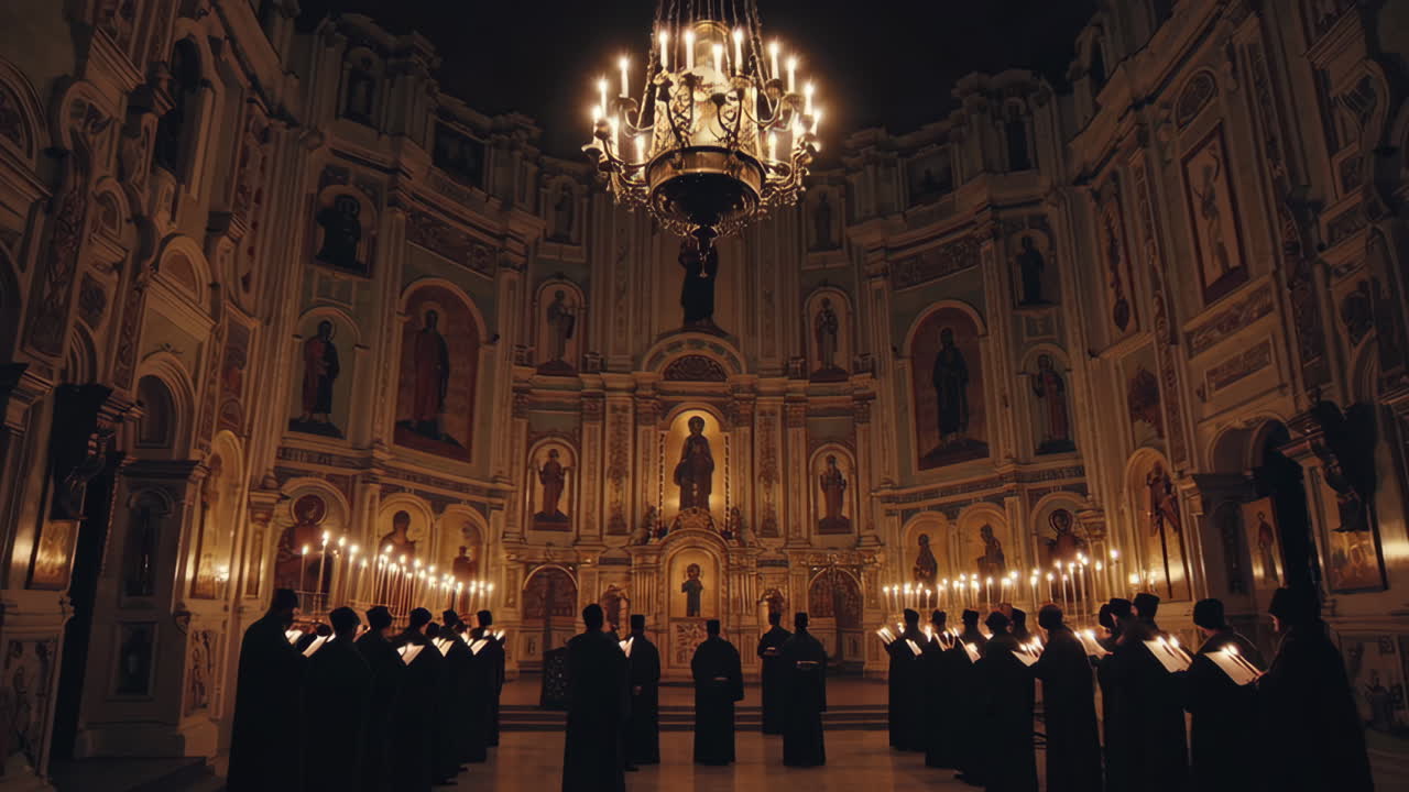 Orthodox Religious Service in a Dark Church