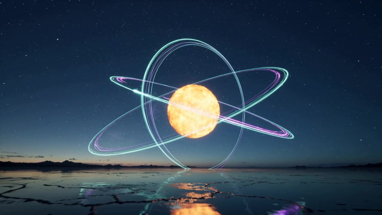 Rotating central glowing orb starting neon rings and streaks over salt plain, reflecting stars