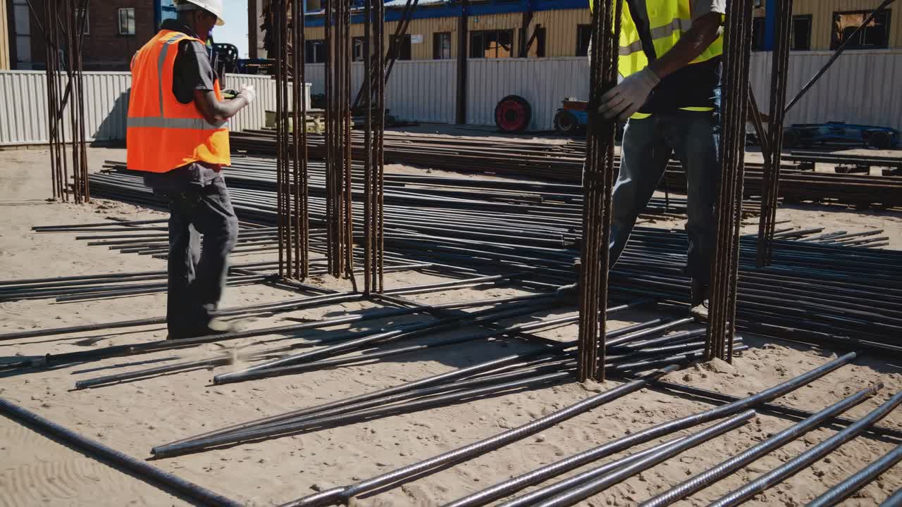 Construction Workers Laying Reinforcement Bars for Concrete Foundation