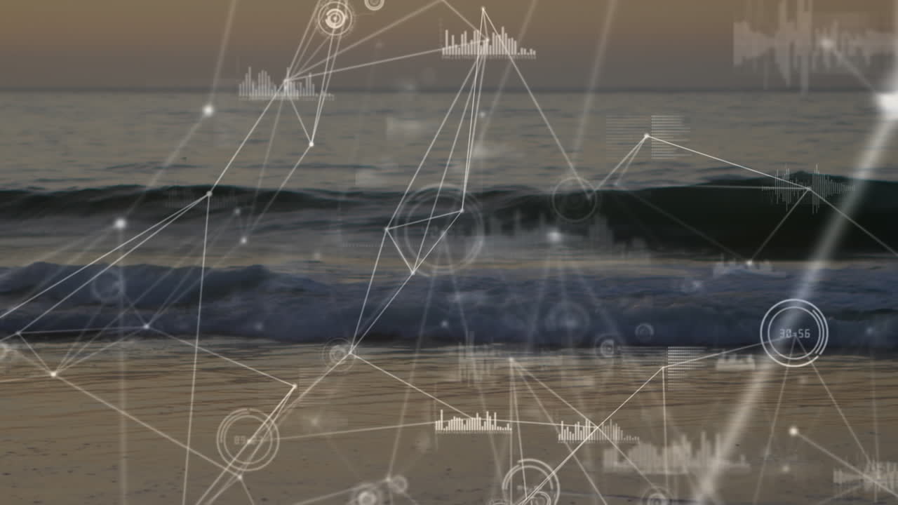 анимация обработки данных и сетей соединений над пустым пляжем