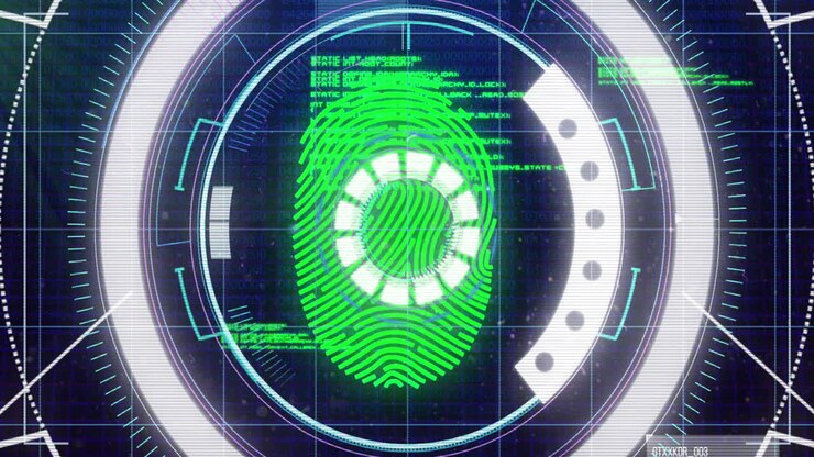 Animation af scope-scanning, databehandling med grønt biometrisk fingeraftryk på sort baggrund.