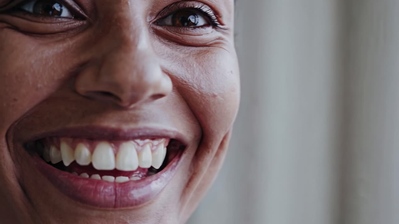 Primo piano video di una donna sorridente, che cattura la sua espressione gioiosa