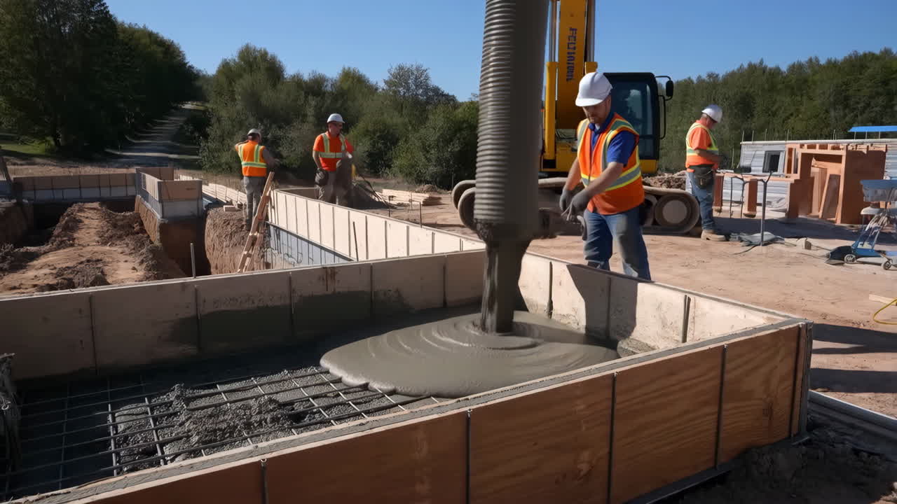 Construction Workers Pouring Concrete for a Building Foundation