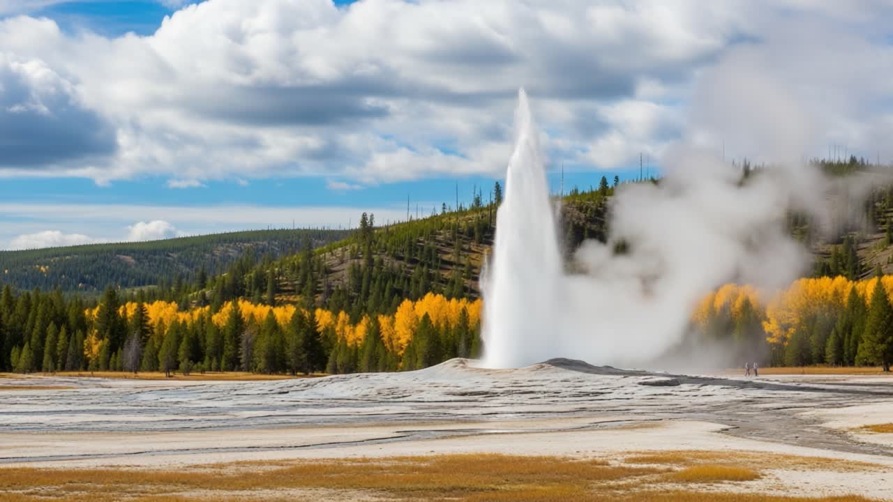 Captivating Eruption of a Geyser in a Scenic Landscape Surrounded by Lush Green Trees and Vibrant Autumn Foliage Beneath a Cloudy Sky